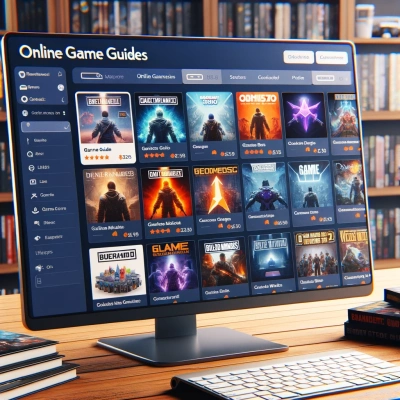 un ambiente di lavoro ben organizzato con uno schermo del computer che mostra una guida di gioco completa