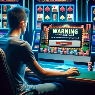 Rappresentazione di una persona davanti a uno schermo del computer con un messaggio di avviso che indica il rilevamento di un Cheat Engine in un casinò online
