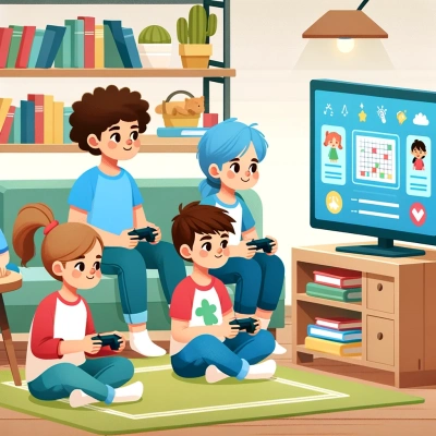 Bambini che giocano a un videogioco educativo a casa.