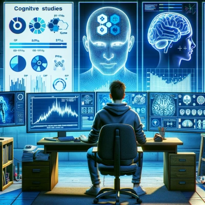 uno psicologo che analizza grafici di dati e scansioni cerebrali relative alla psicologia dei videogiochi