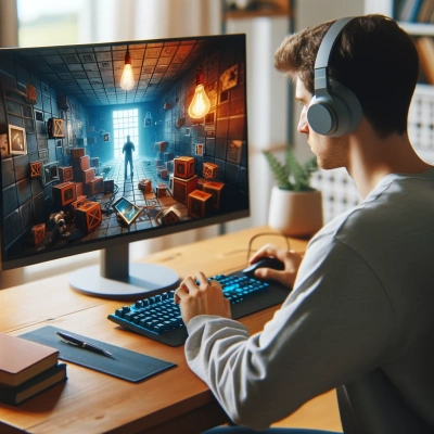 Una persona è profondamente coinvolta in un gioco di escape virtuale sul proprio computer di casa.