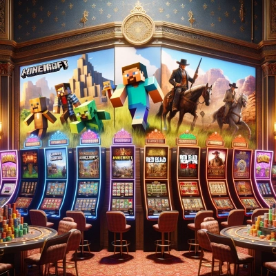schermi che mostrano slot machine e giochi da tavolo a tema Minecraft, Red Dead Redemption e altri