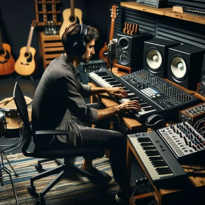 Un compositore in uno studio musicale, concentrato sulla creazione di una colonna sonora per videogiochi.