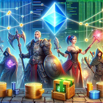 personaggi di un videogioco fantasy che scambiano oggetti di gioco, sullo sfondo di codice digitale e connessioni di rete