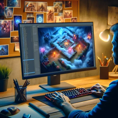 un sviluppatore di giochi che progetta un livello di videogioco competitivo su un computer