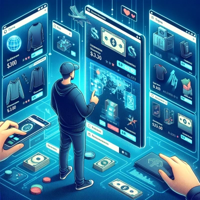 un utente che naviga su una piattaforma di commercio digitale, piena di vari oggetti virtuali in vendita