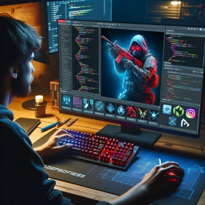 Rappresentazione di un giocatore davanti al suo computer, profondamente coinvolto nella modifica di un gioco.