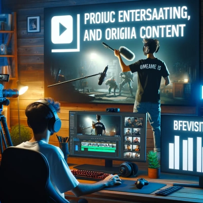 Un giocatore è mostrato mentre crea contenuti di alta qualità in uno studio domestico attrezzato con apparecchiature di registrazione e montaggio video.