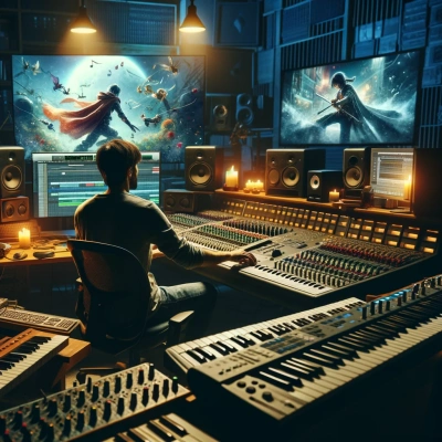 Un giocatore immerso in un videogioco, con cuffie e godendo di musica e effetti sonori immersivi.