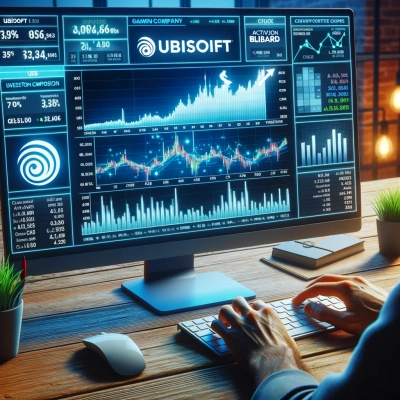 un vivace piano di negoziazione con schermi che mostrano le azioni delle principali aziende di giochi come Ubisoft e Activision Blizzard