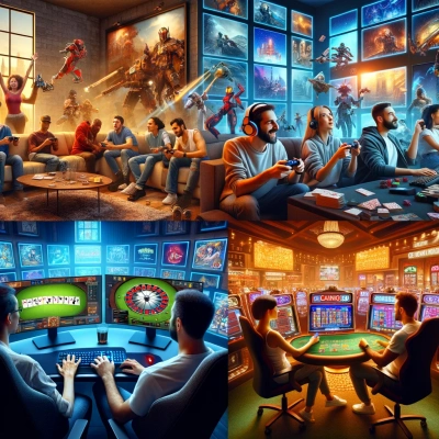 4 immagini di diverse situazioni tra videogiochi e giochi da casinò online