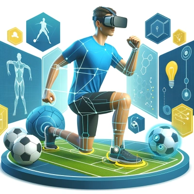 un'installazione di realtà virtuale con un utente che sperimenta una simulazione di allenamento sportivo