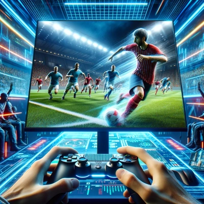 una scena dinamica da un gioco di simulazione sportiva virtuale con giocatori impegnati in una competizione intensa