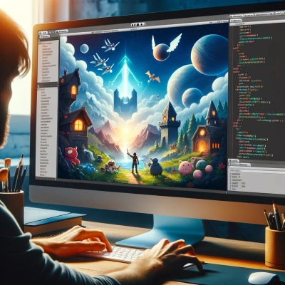 Un sviluppatore che utilizza il software Unity, creando un gioco per diverse piattaforme